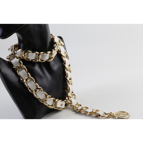 Vintage White Leather Belt Gold Chain Link Interwoven Woven Waist Cinch Rare S